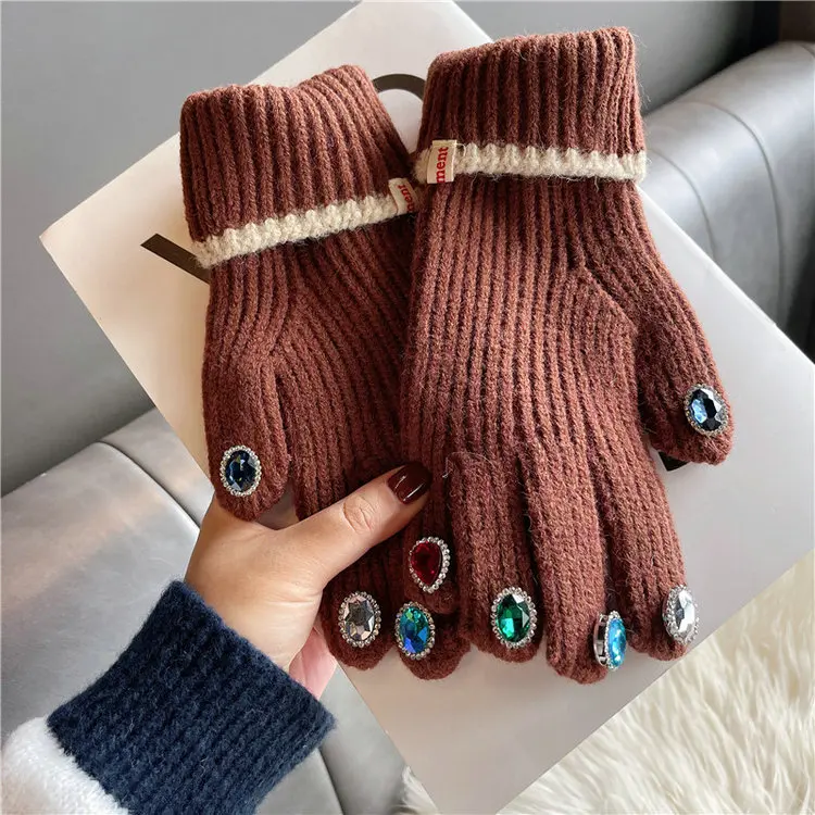 Qushine Rhinestone knitted gloves mittens female winter lovely personality warm woolen gloves girl