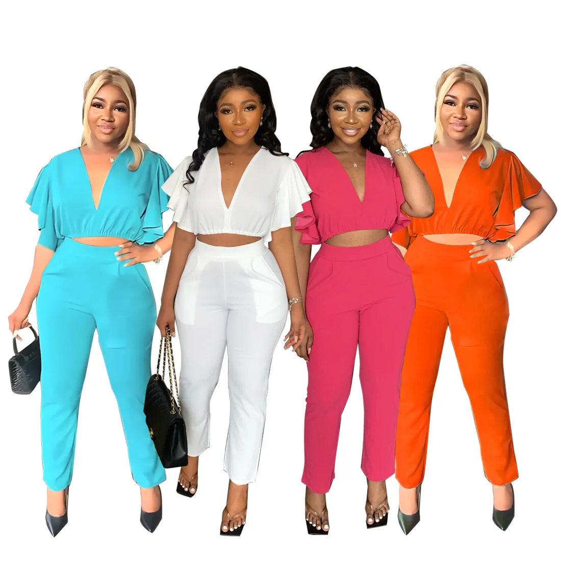 X07016S Новый женский топ с глубоким V-образным вырезом узкие прямые брюки повседневный комплект из двух