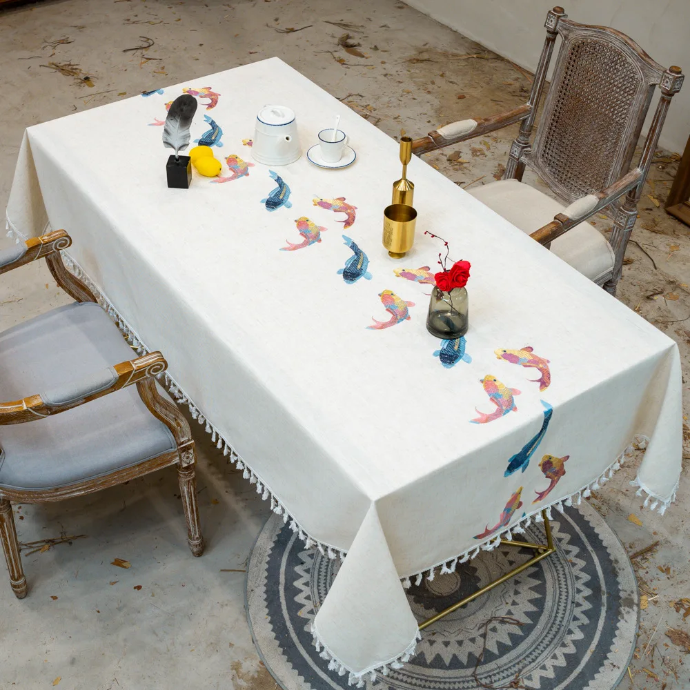Cotton and Linen Tablecloth with Fish Pattern Embroidery White Table Cloth with Lace Table Clothes