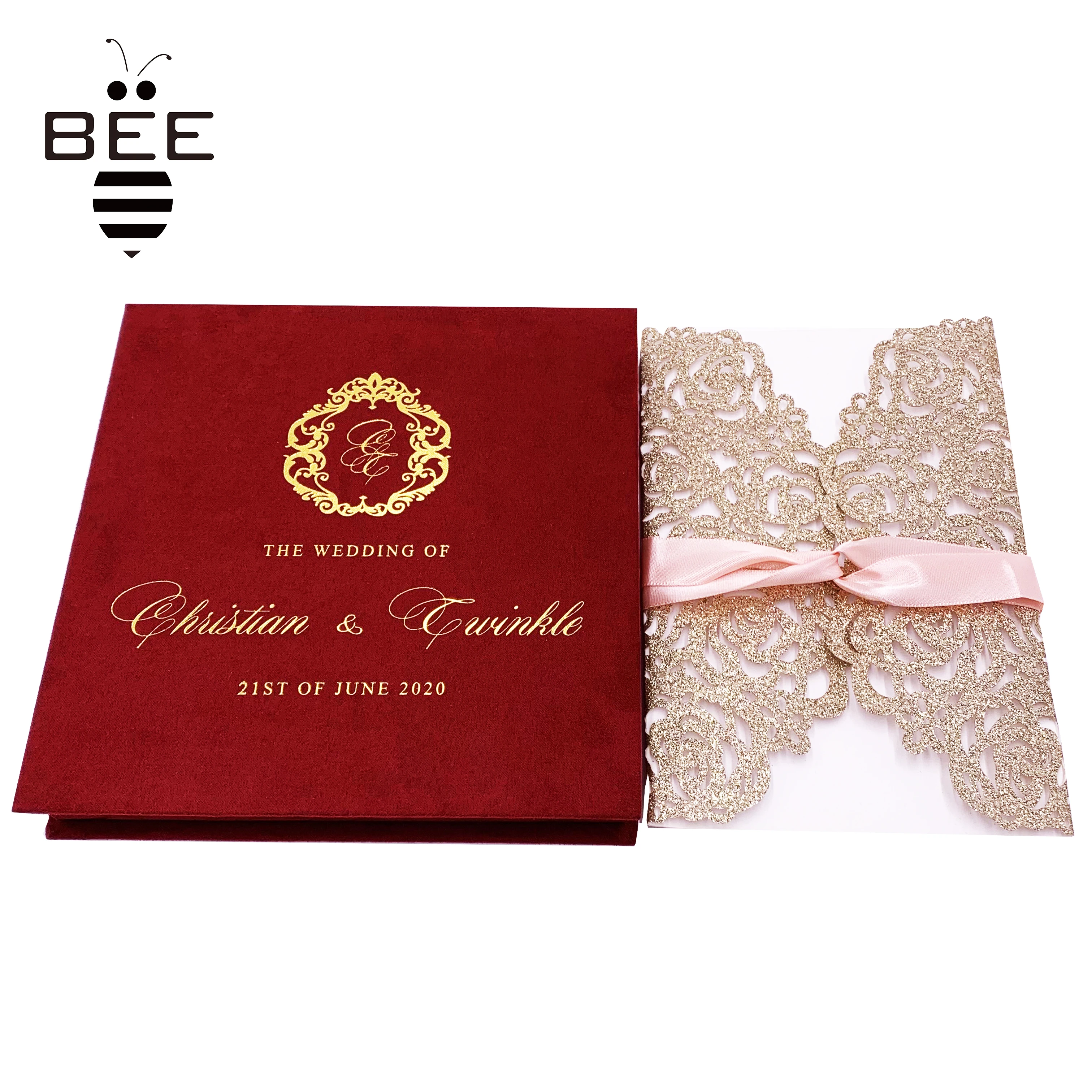 Invitation card packing red box cardboard luxury packaging boxes with paper velvet insert for wedding invitation