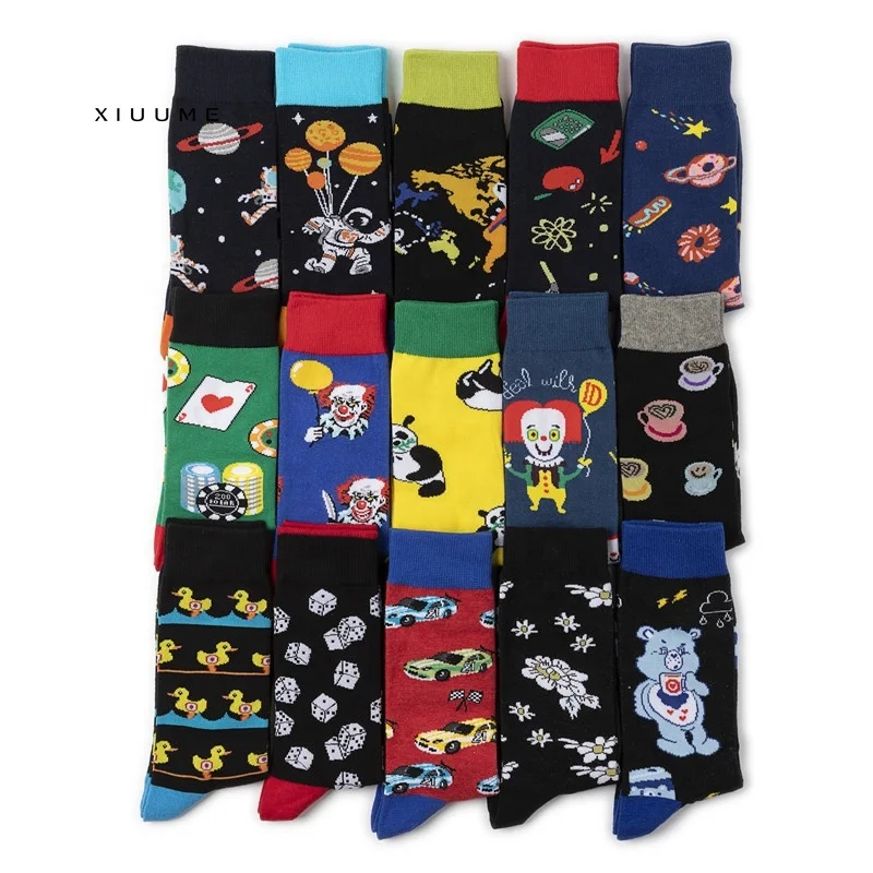 
Wholesale manufacture fashion cartoon designs cotton colorful tube happy socks men 