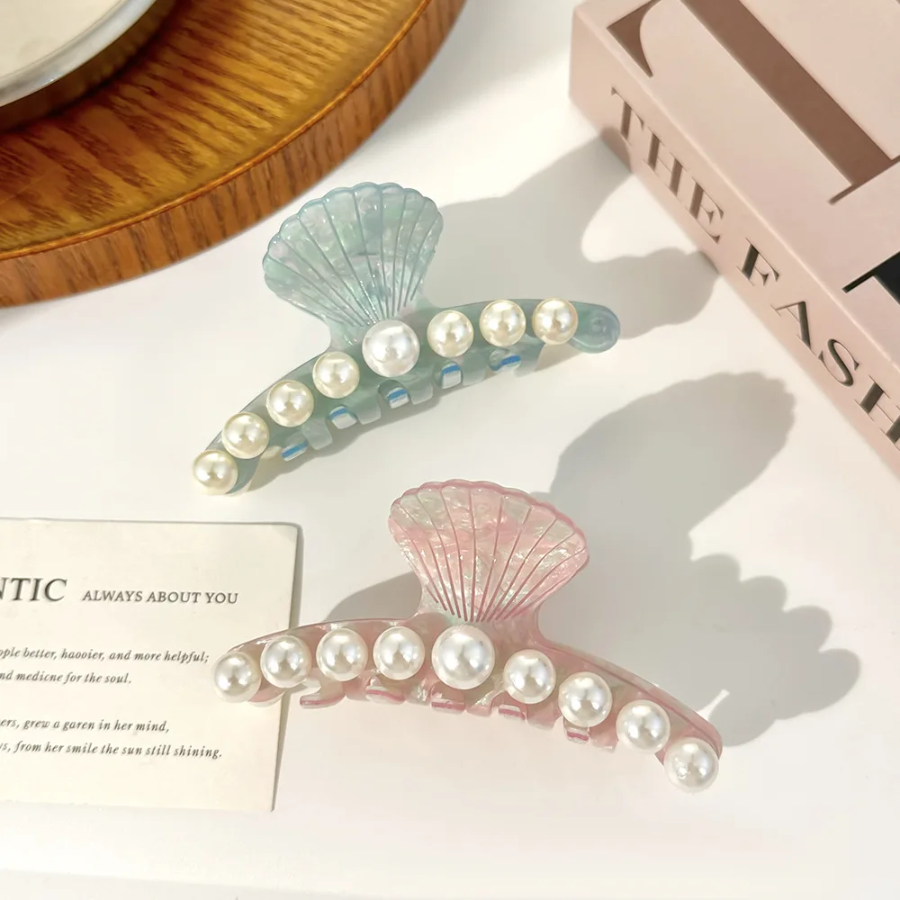 9.8cm Fishtail Shell Hair Claw Clips Vintage Party Decorative Acetate Acid Materials With Pearl for Girls and Women