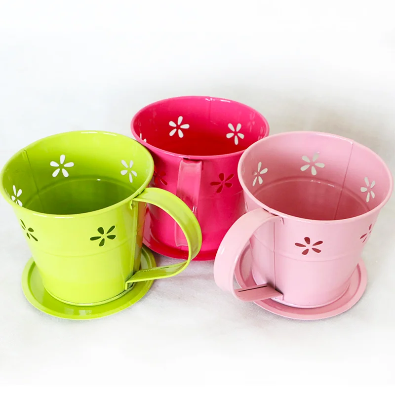 Small Powder Coated Colorful Metal Coffee Tea Cup And Saucer Flower Pot For Planter Garden