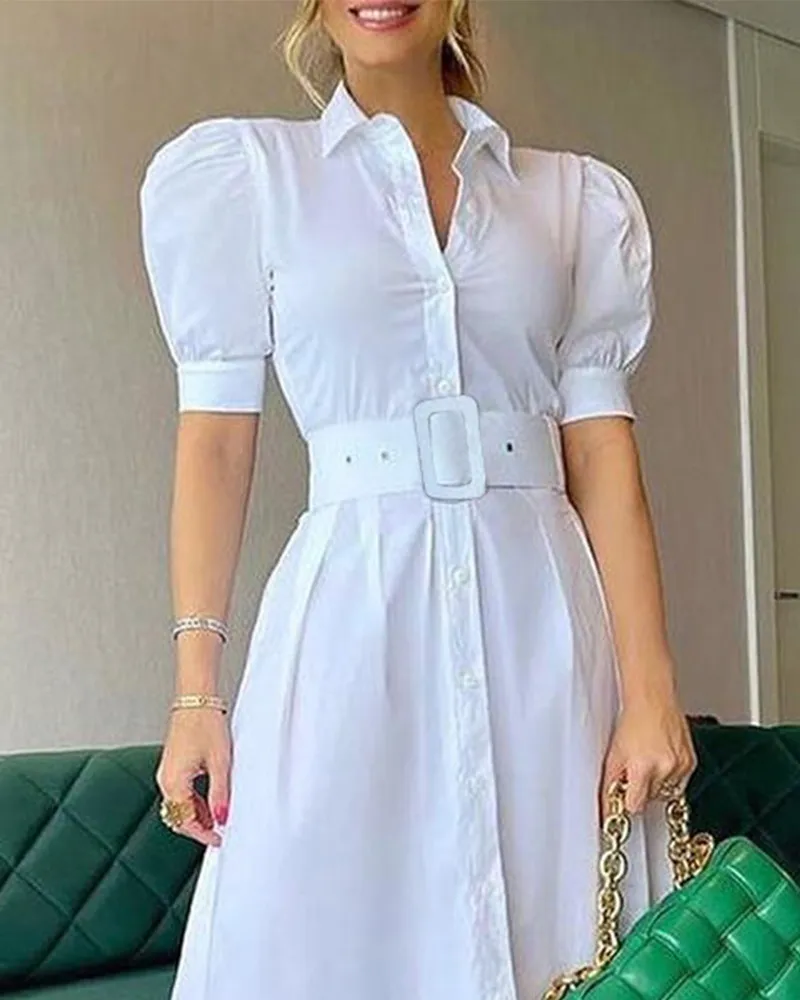 Summer Lapel button breasted puff sleeves casual high waist temperament dresses mid length is thin dress