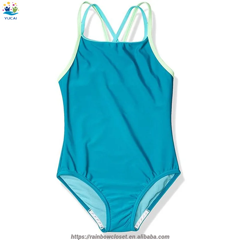 2023  Hot Selling Girls One Piece Contrast Color  Cross Back Multi Straps Nylon Kids Swimwear