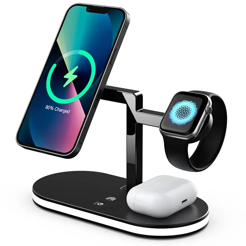 5 In 1wireless Charge Magnetic Wireless Charger with Led lamp for Mag-Safe Charger Stand  15W 3 in 1 Fast Wireless Charging