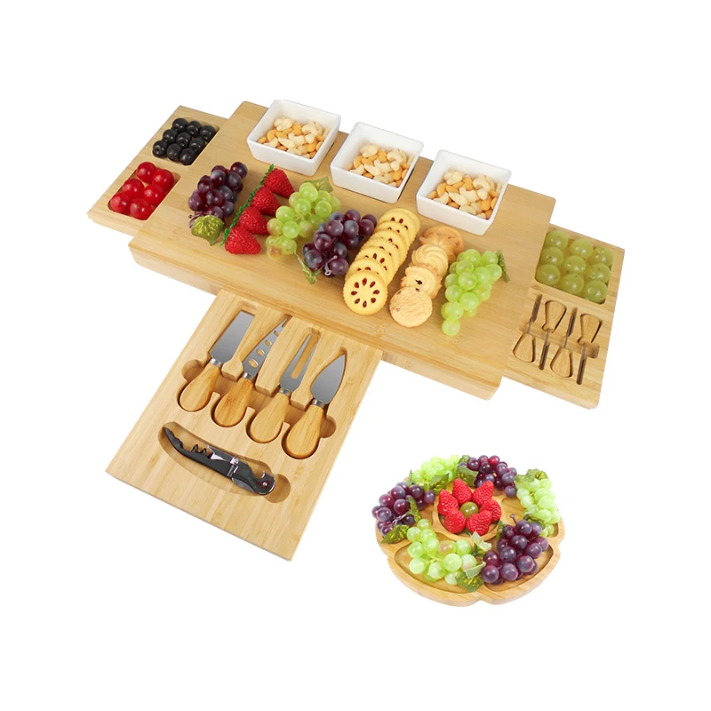 Bamboo Cheese Board Wooden Three Ceramic Bowls Three Magnet Drawers Serving Platter Cutlery Server Knife Set