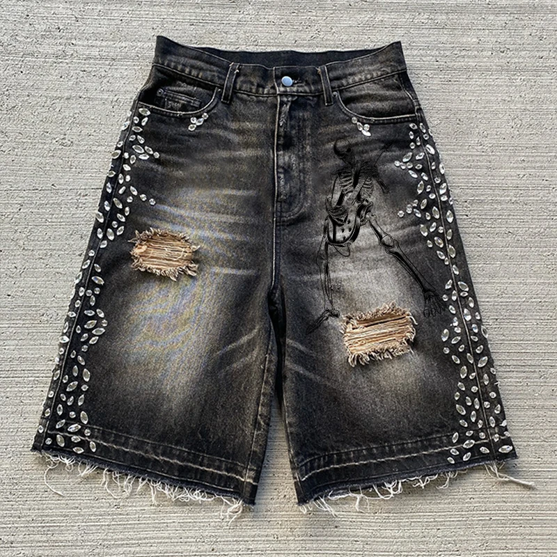 DiZNEW Jeans Shorts men Custom plus-size baggy beaded ripped catwhiskers shorts Jeans for men