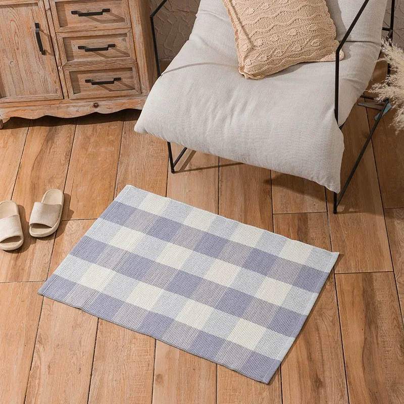 Buffalo Plaid Washable Navy Blue Stripe Entryway Outdoor Rug Cotton Hand-Woven Porch Front Door Mats