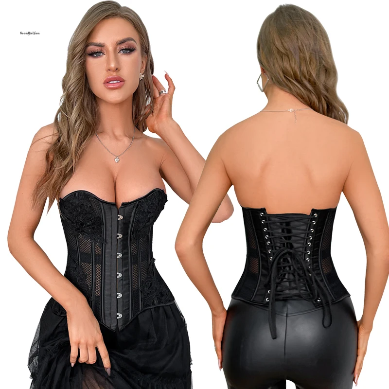 Sexy Mesh Corsets and Bustier Elastic Net Hollow Out Flowers Design Busk Closure Bustier Corset Body Shapewear cincher corselet