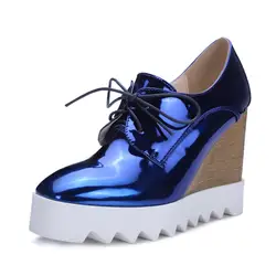 Fashionable Bright Glossy Lace-Up Anti-Slip Wedges for Ladies Single Shoes