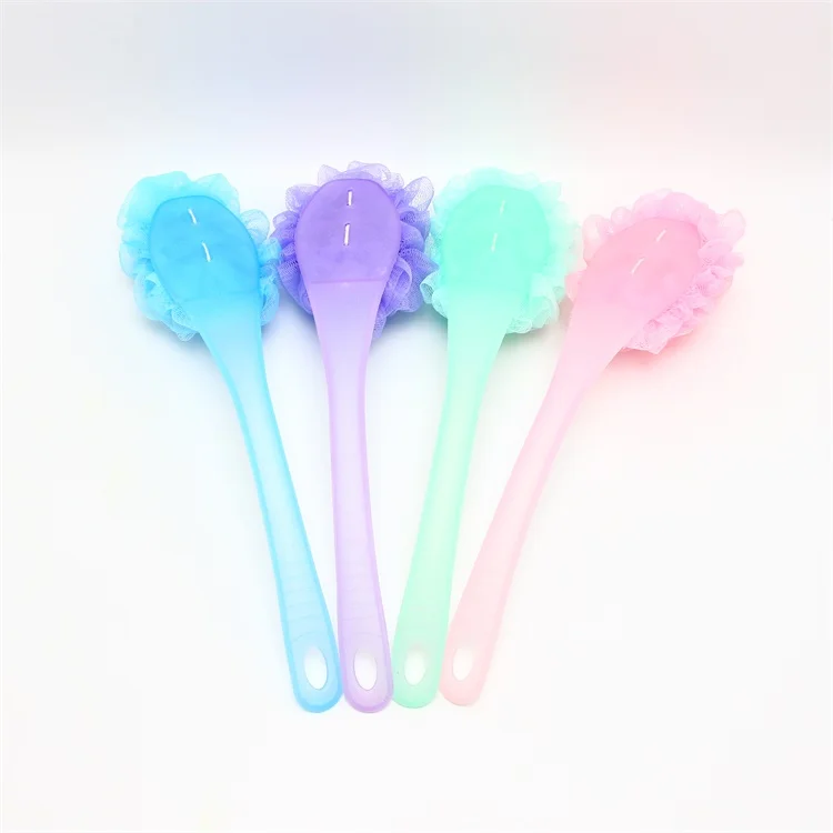 Plastic long handle shower ball massage body bath sponge shower loofahs customized mesh pouf bath sponge