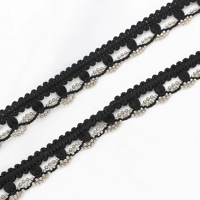 Latest 15 mm wide polyester curtain woven braid lace beads trimming black gold beaded edge lace trim