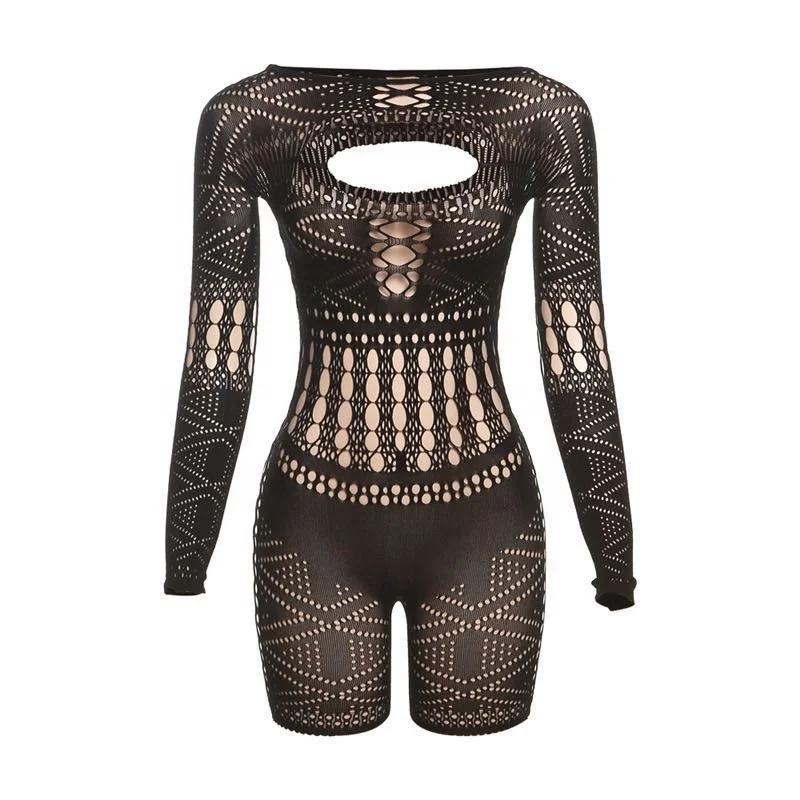 ZHEZHE Black Mesh Hollow Out Romper Night Club For Women 2024 Summer Sexy Long Sleeve See Through Jumpsuit