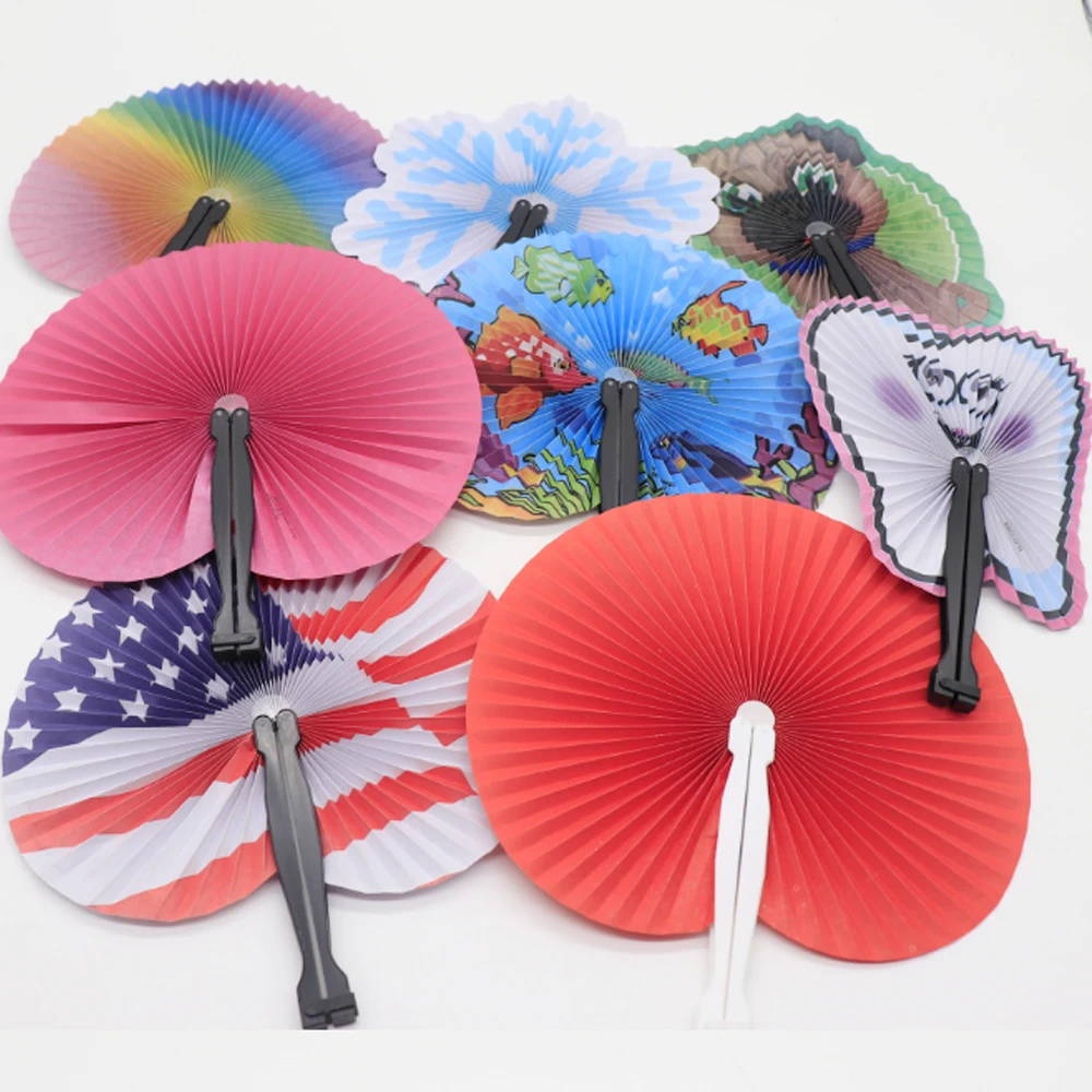 Round Shaped Accordion Folding Handheld Paper Hand Fans with Plastic Handle for Wedding Birthday Party Favors
