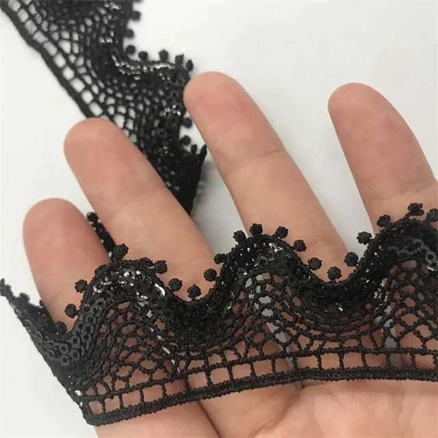 20MM black fancy ripple shape lace trim decoration eyelash embroidery sequin chemical french lace for bridal dress