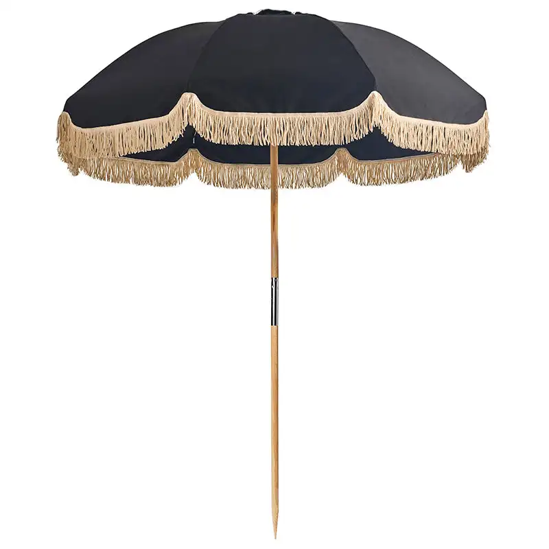 2023 New Design Luxury, Wooden Pole Windproof Outdoor Sun Parasols Custom cotton Navy Striped Fringe Beach Tassels Umbrellas/