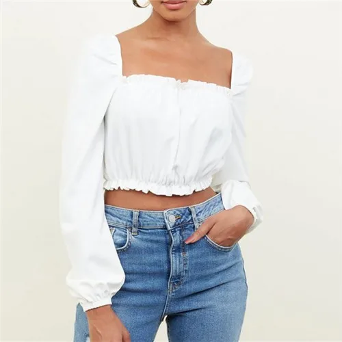 2019 женская одежда женские блузки белый квадрат шеи Crop Top
