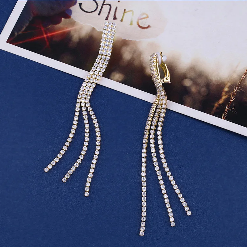 South Korea  new long Tassel Earrings without ear holes inlaid with zircon ear clip is a hot source of foreign trade