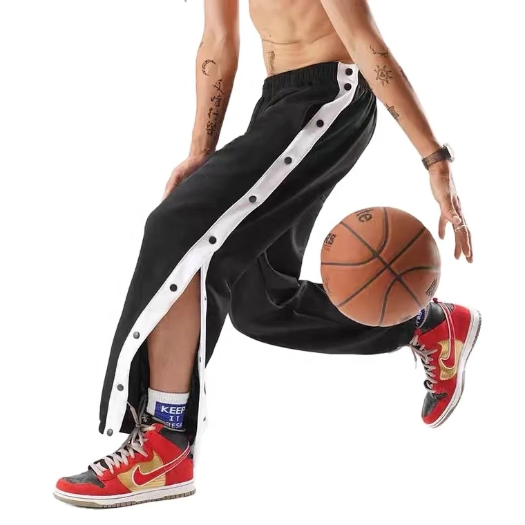 2024 Mid Waist Panel Jogger Basketball Pants Full Length Black Stripe Split Mens Street Hip Hop Sweatpants with Side Buttons