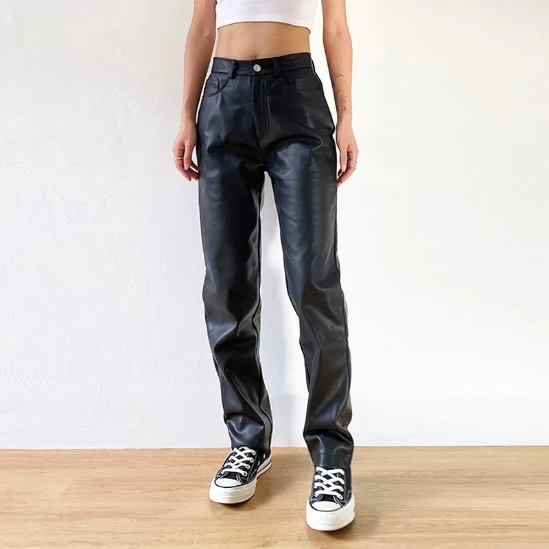 OEM logo leather mid waist straight cut pants women slim fit casual washed label trouser leather pants