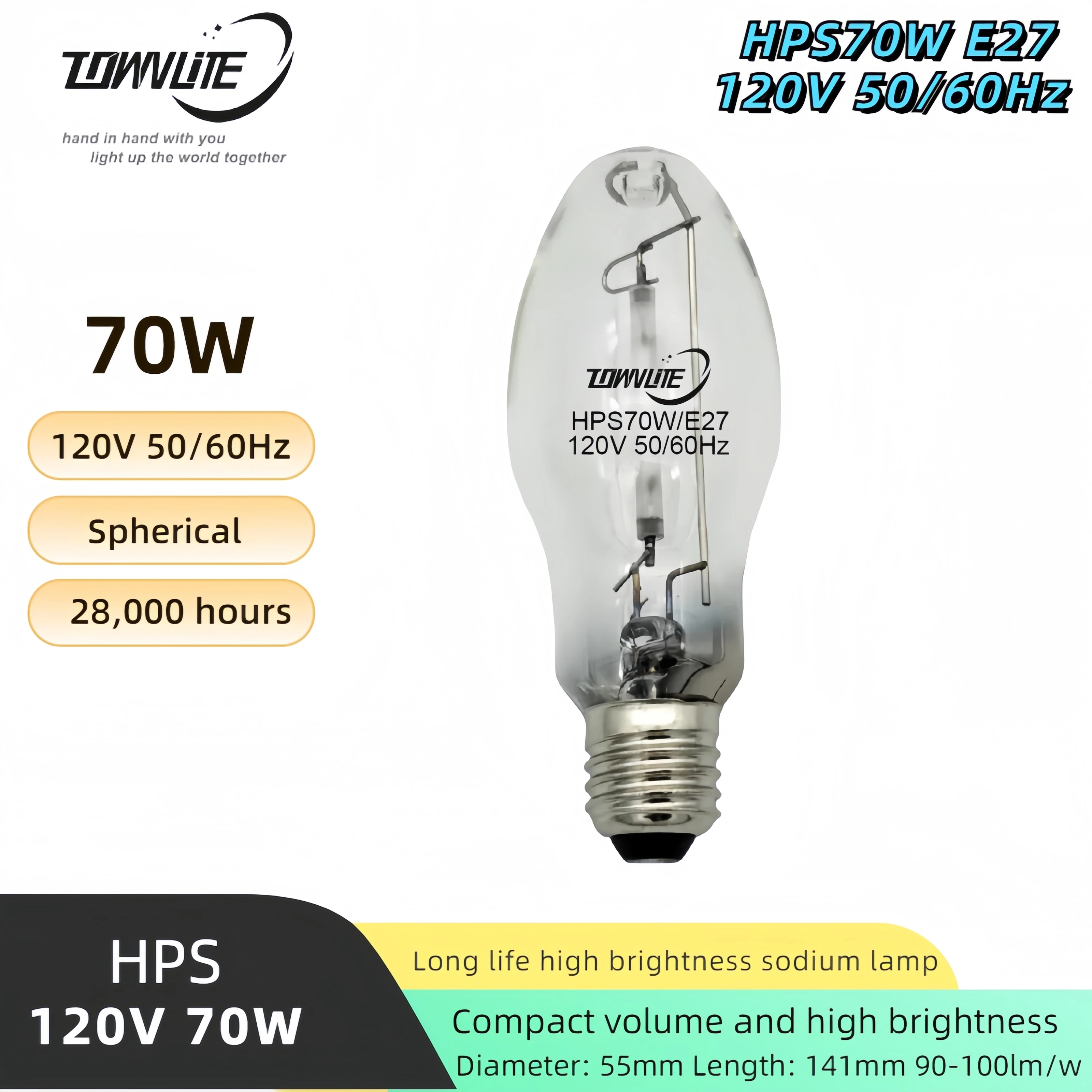 High luminous efficiency transparent spherical US standard ED55 28000Hours 120v 50/60Hz HPS70W E27 low pressure sodium lamp