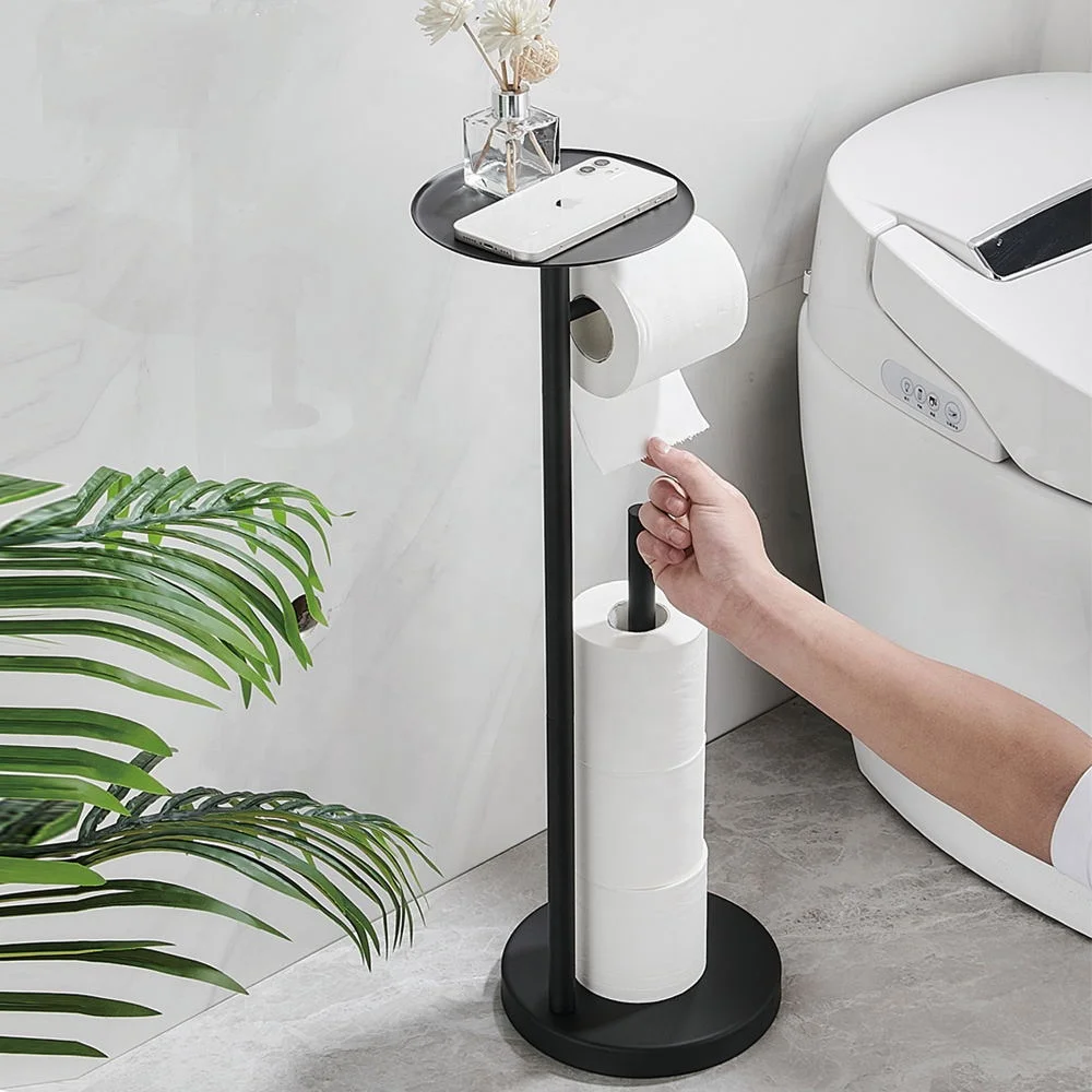 Black Gold Metal Floor Standing Toilet Paper Tower Holder With Phone Shelf Tissue Roll Dispenser Stand With Weighted Base