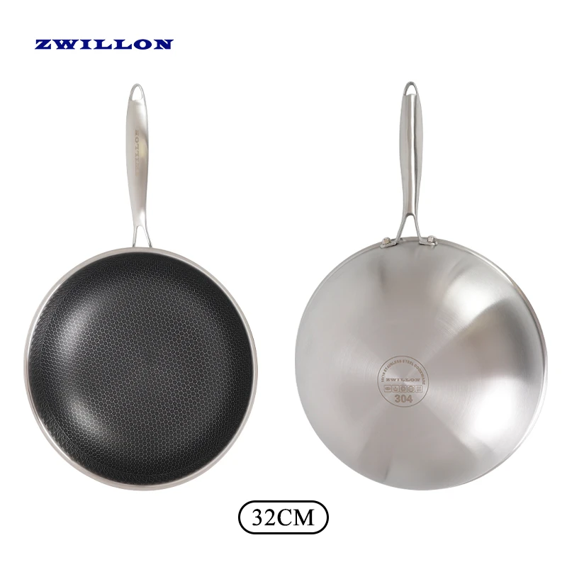 ZWILLON Chinese Wok cookers large cooking 30CM/32CM commercial Easy to clean Insulation stainless steel honeycomb wok