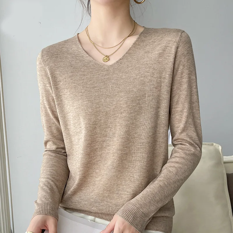 Autumn and Winter Thin Basic Simple and Versatile Solid Color V-neck Pullover Long-Sleeve Wool Sweater for Women
