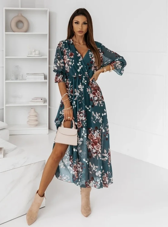Women Summer Beach Dress European and American Beauty Fashion V-neck Slim Side Slit Chiffon Print A-line Long Casual Dress