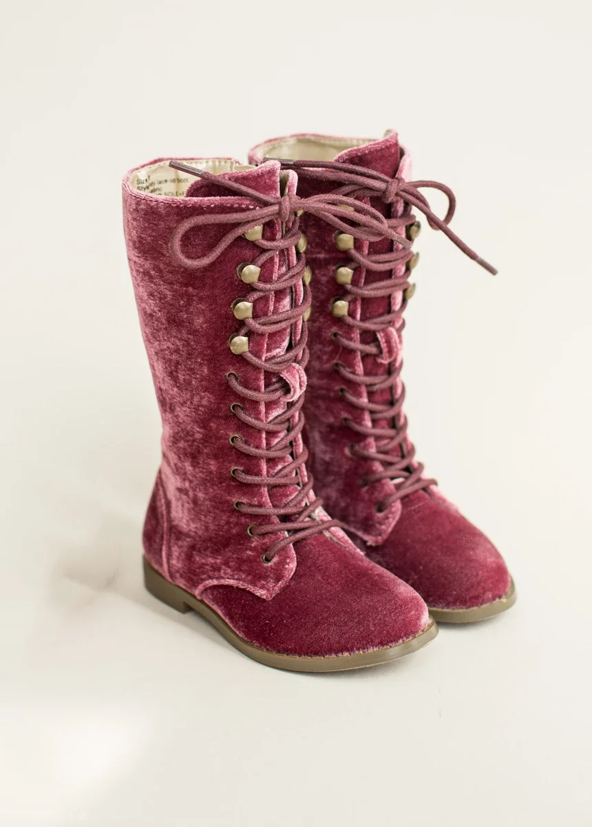 Little Girls Winter Boots Newest Design Comfort Plush Velvet High Lace-up Long Boots For Girls