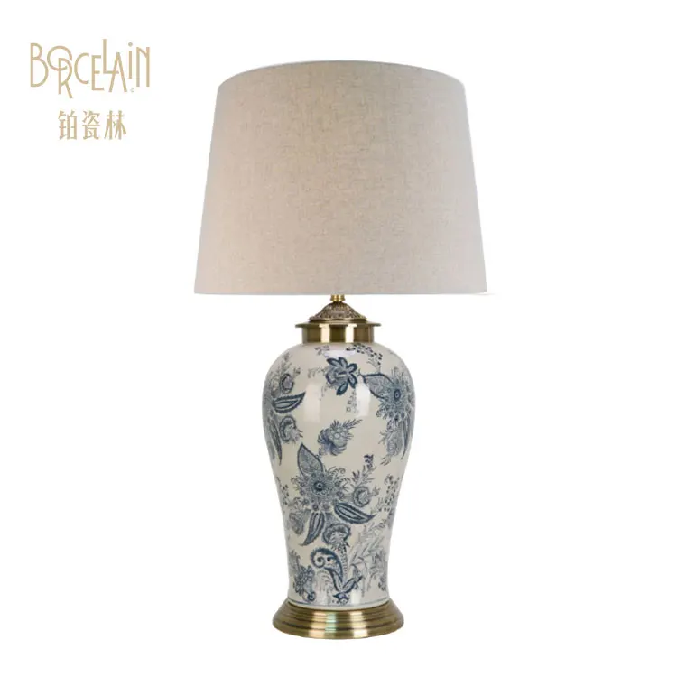 Chinese style blue flower figure antique table ceramics lamp for living room