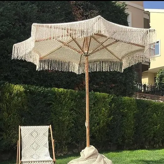 Modern sun macrame bohemian wooden fringe macrame bali boho outdoor garden beach umbrella with tassels