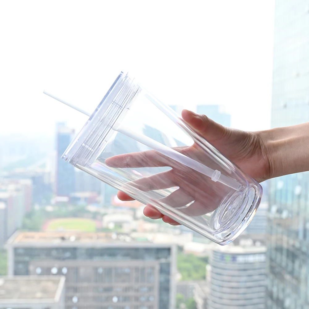 Wholesale double walled wine coffee 22oz 24oz 16oz clear plastic skinny snowglobe tumbler with lids and straws