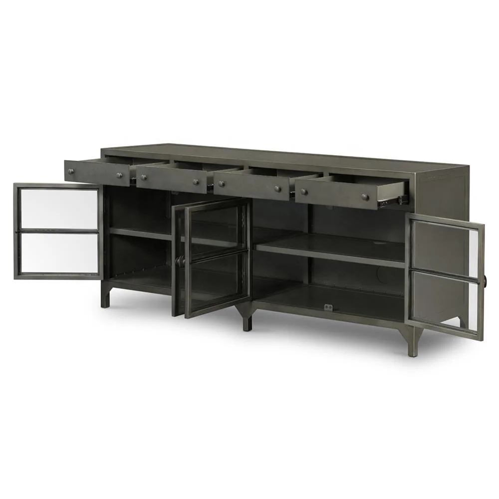 
Vintage Iron TV Unit Industrial Loft Glass Door Iron Metal TV Media Cabinet Low Board Entertainment Media Storage Cabinet 