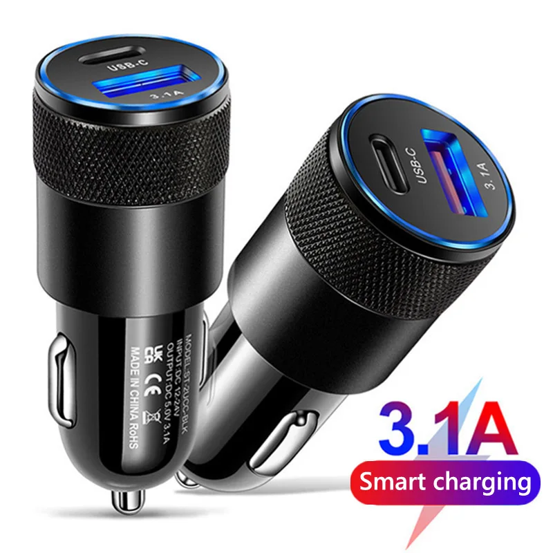 Small Steel Metal Aluminum Alloy 15W 3.1A  USB C Phone Car Charger Adapter Fast USB Car Charger