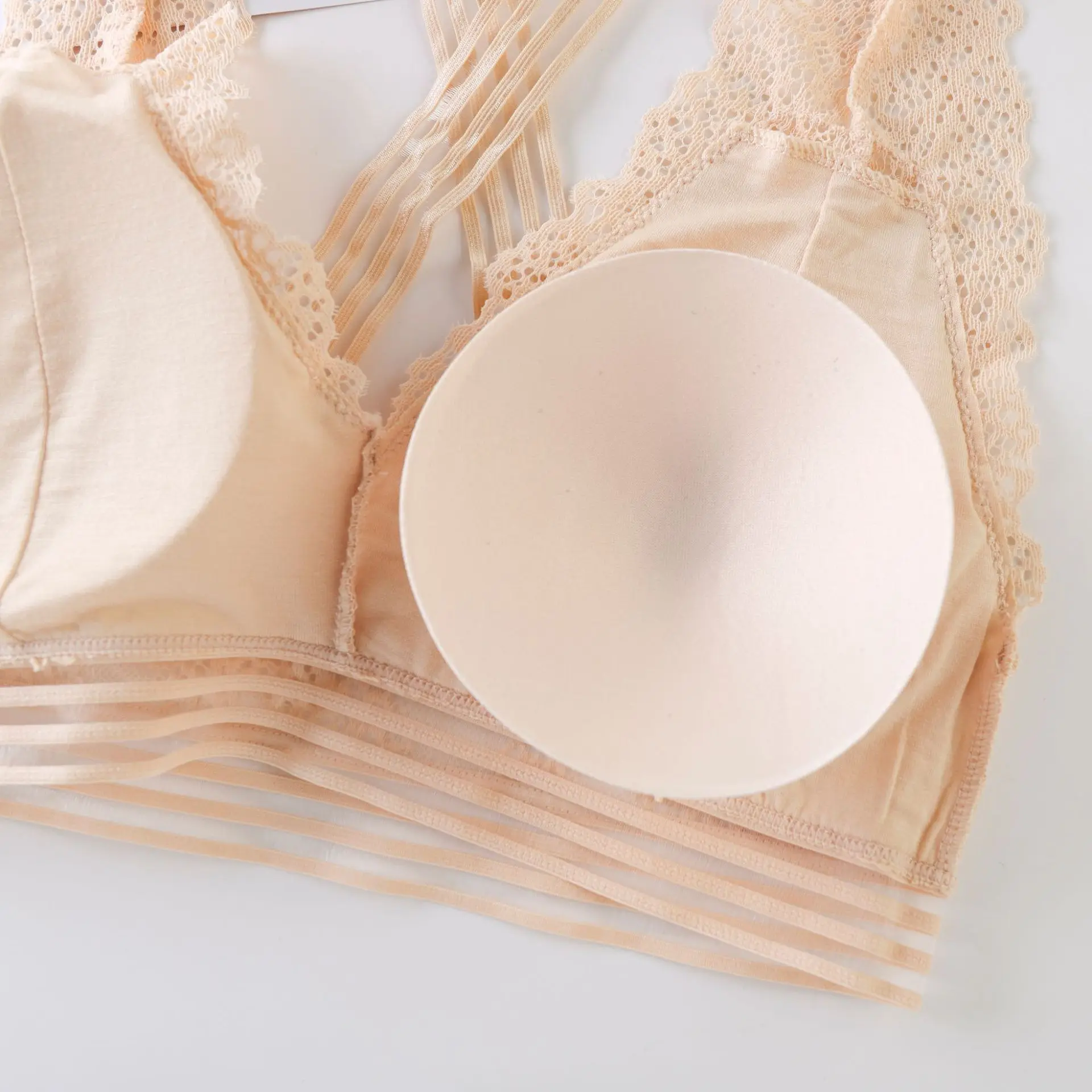 Deep V neck lace brallet bra panty set fashion embroidery lace triangle halter bra brief set wireless bra with removable pads