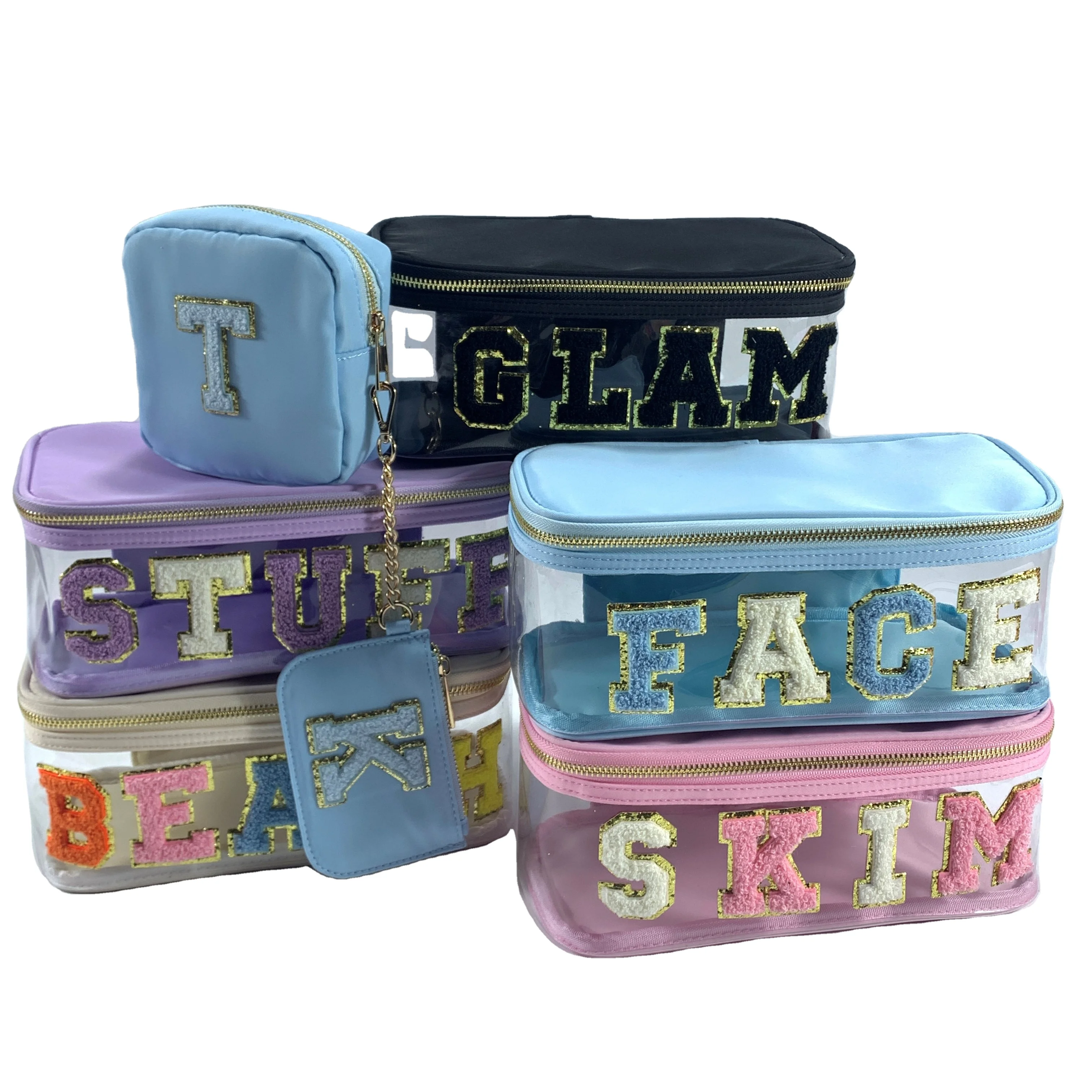 Custom letter patches PVC Travel Nylon Custom Pink Color Clear Make Up Bag Transparent Women Cosmetic Bags