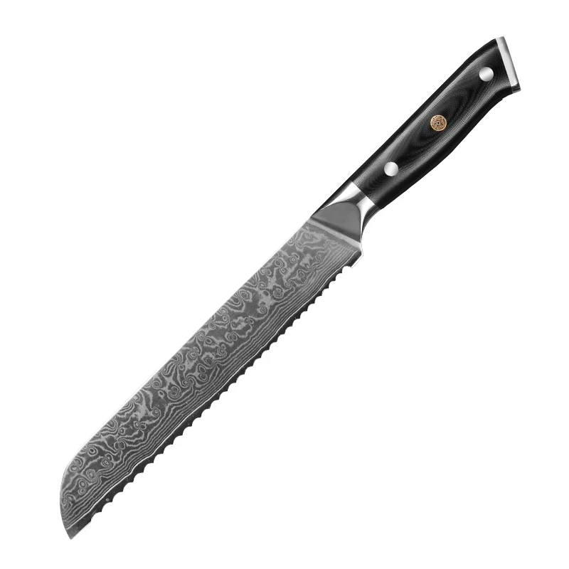 JJ 8' Damascus Bread Knife VG-10 Core Steel with G10 Handle Custom Serrated Kitchen Knife Triple Blossom