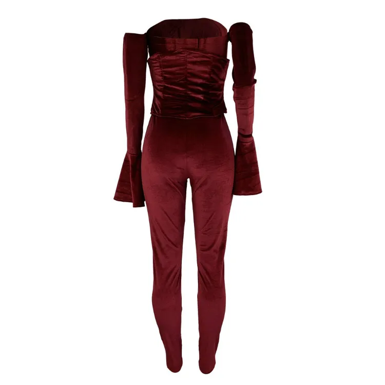 
Sexy Club Wear Jumpsuit Off Shoulder Womens 2 Piece Outfit Bell Sleeve Velvet 2020 Women Two Piece Set 