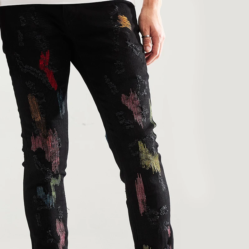 DiZNEW Plus Size Pocket Jeans Denim Factory Custom Fashion Men High Quality Man Jeans Black Beading Rhinestone Jeans For Man