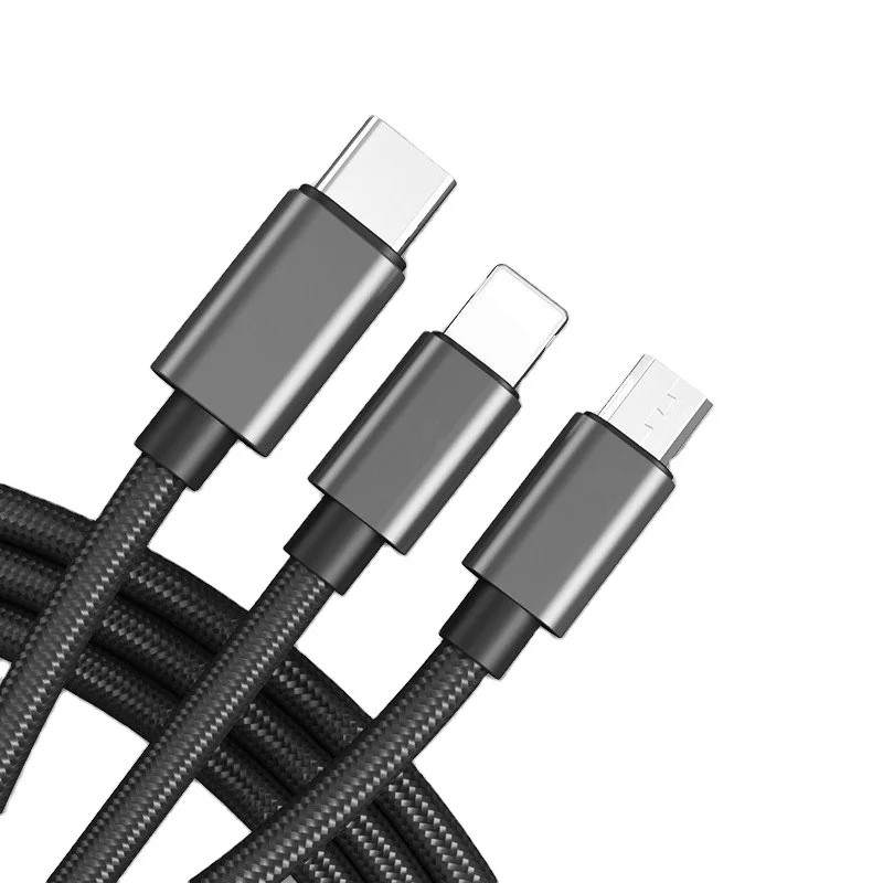 Зарядное устройство 3 в 1 с несколькими USB-портами, кабель для быстрой зарядки, плетеный кабель для Micro USB/Type C/Iphone