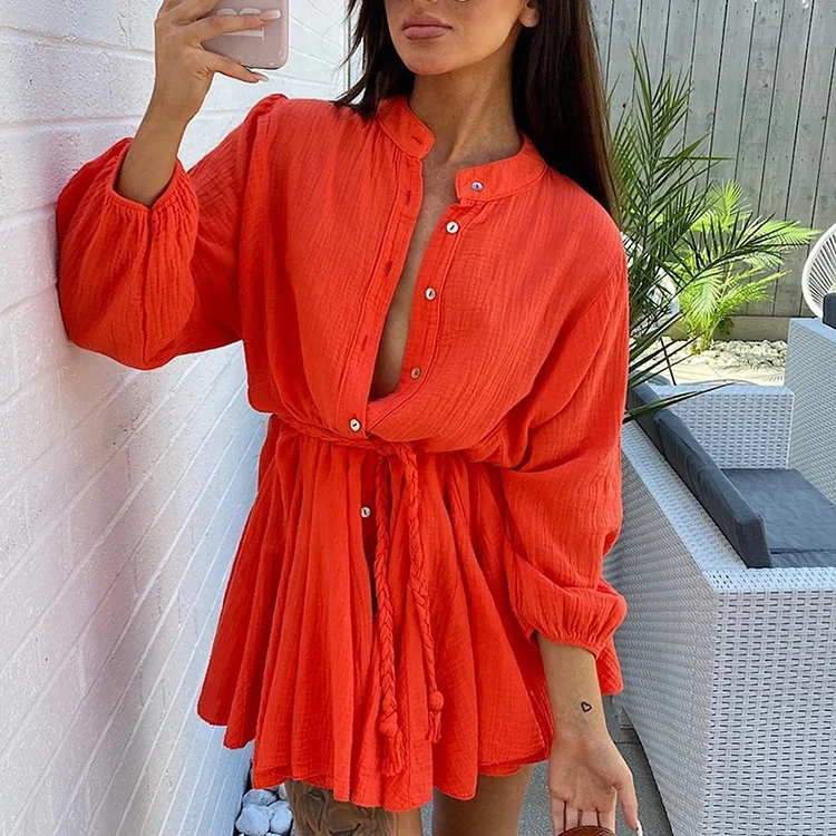 Летнее льняное платье женская одежда однотонное boohoo на шнуровке свободное повседневное богемное платье-рубашка с баской