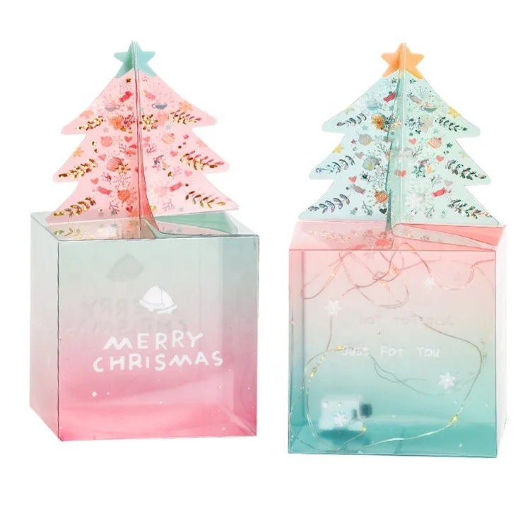 2023 new low moq empty printed plastic pvc luxury Christmas tree shape candy cookies apple packaging bags gift box