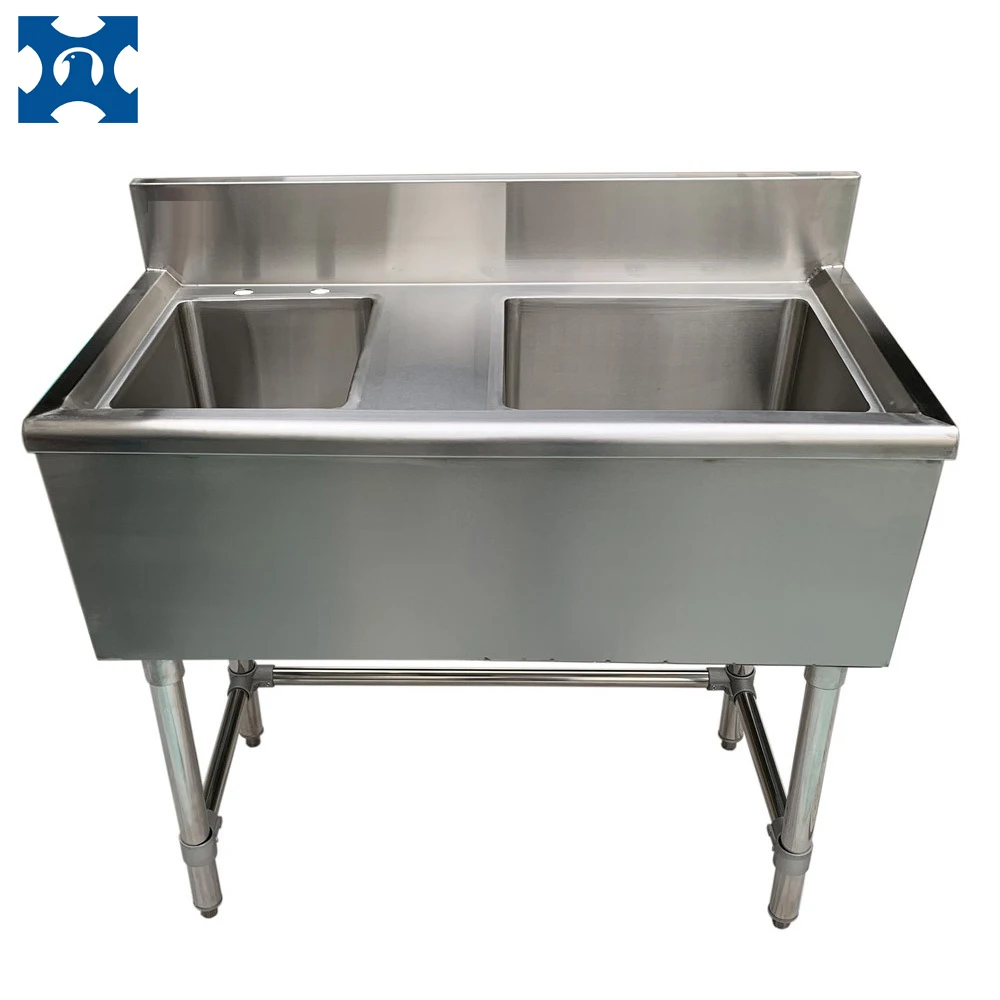 201 Stainless Steel Commercial Sink with Two Rectangular Tubs U Shape Leg Bracing Adjustable Feet-Left or Right Drainboard