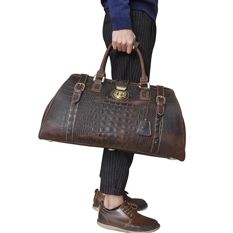 Dark Brown Men Gym Bag Crocodile Embossed Pattern Sport Genuine Leather Duffle Bag Weekender Woman Travel Bag