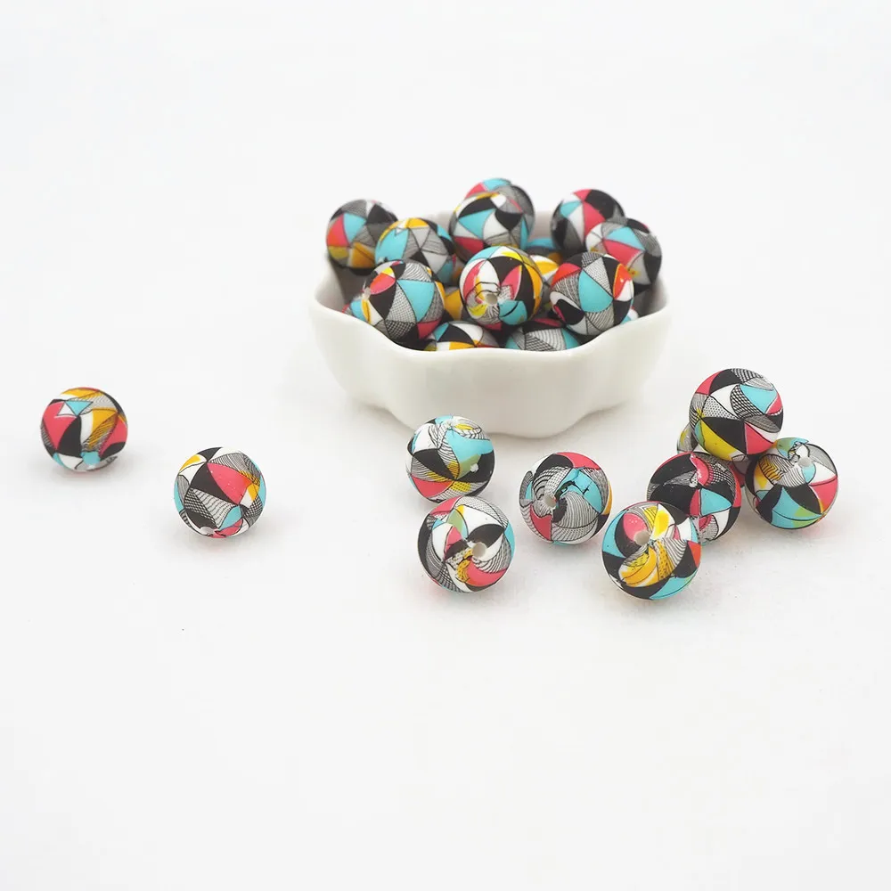 Хит продаж, пищевой силикон, круглые бусины 15 мм с принтом, Прорезыватель «сделай сам», зажимы для соски, бусины, ожерелье, ювелирные изделия