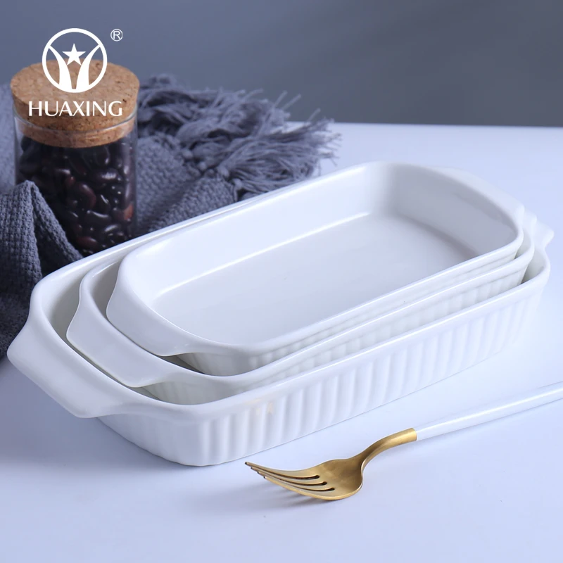 Wholesale custom logo catering rectangular baking tray white ceramic baking dishes pans with two handles