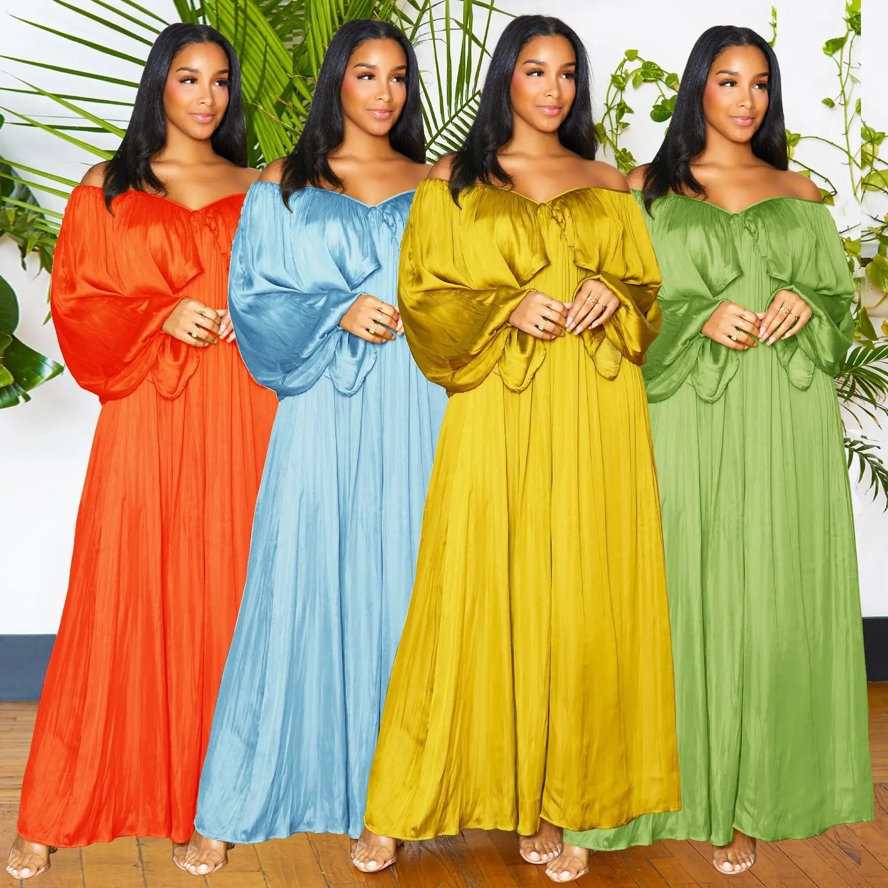 2023 Summer plus size African Chiffon dresses Loose Elegant Long Dress for women High Waist Bat Sleeves Sexy Dresses