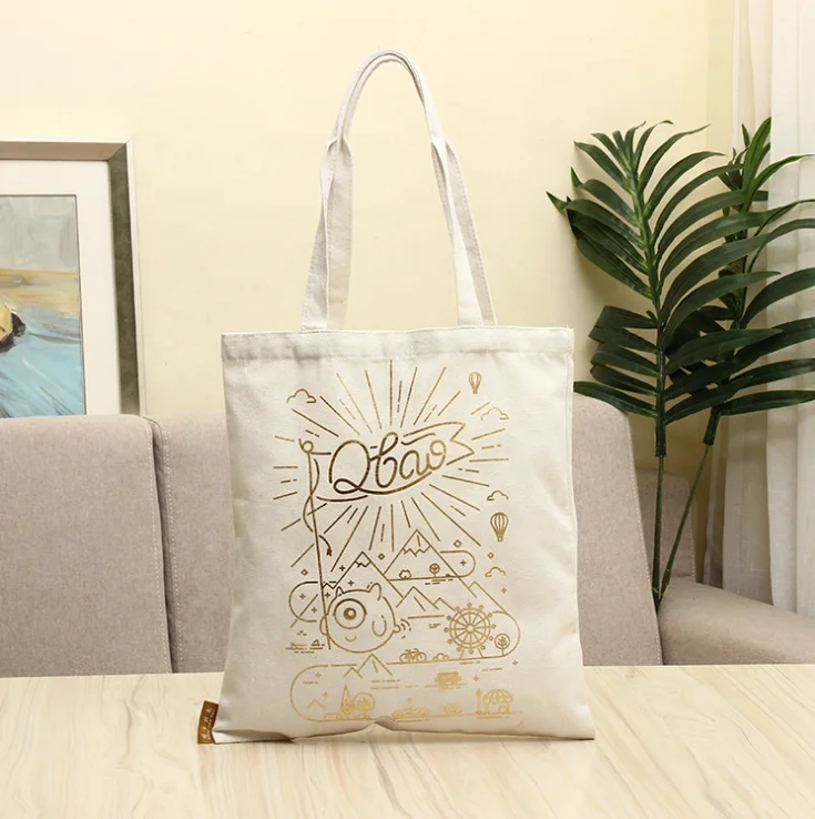 Eco- friendly custom gold foil stamp logo recyclable cotton canvas carry bag